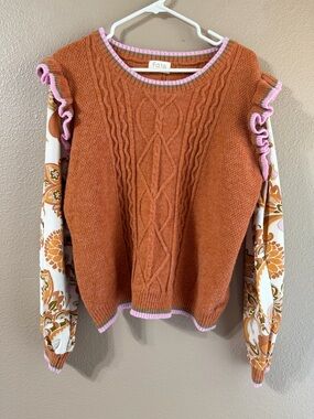 Fate Rust Cable-Knit Sweater with Pink Trim